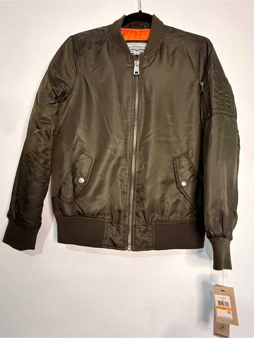 Levi's Olive Green Bomber Water Resistant, Jacket with Orange Lining. Sz S. NWT
